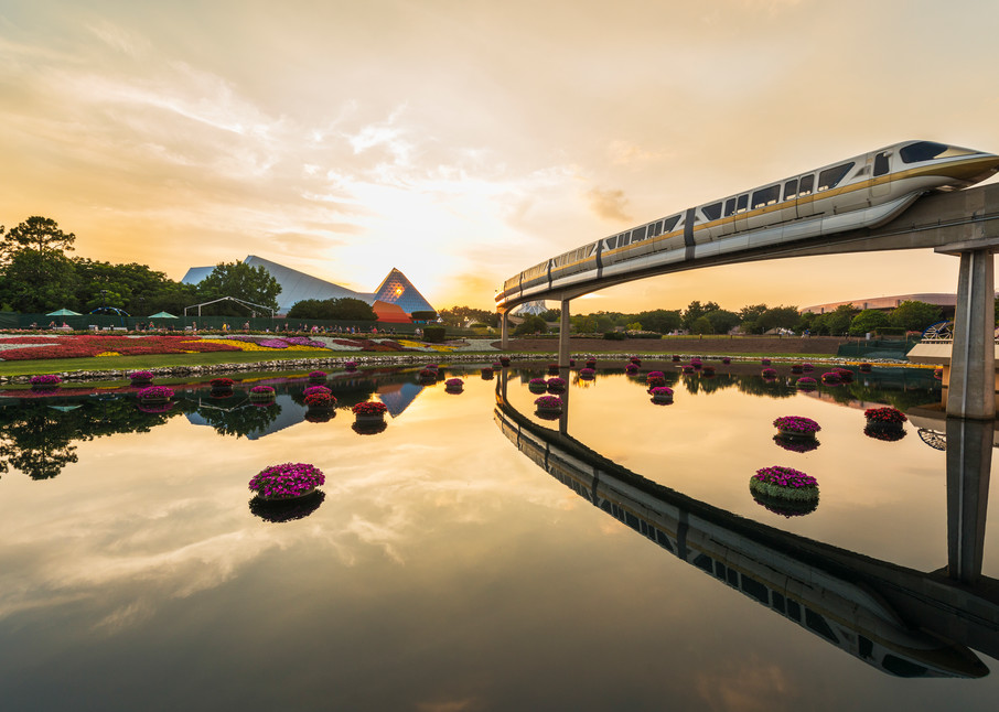 Epcot Sunset Monorail Disney World Reflection