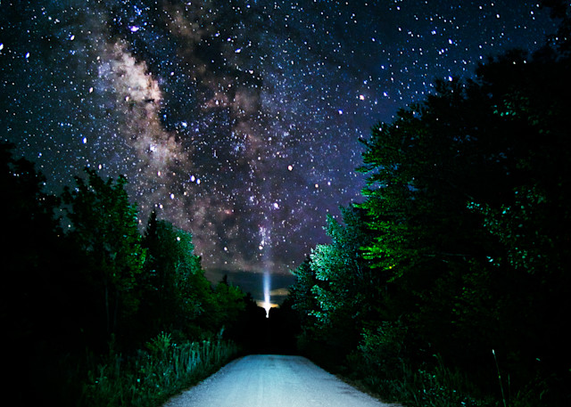 A column of light in the night sky on a road in Dolly Sods Wilderness, West Virginia - Fine Art Photo Print