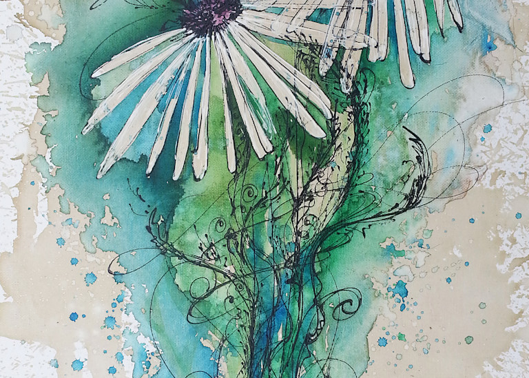 Crazy White Daisies in Coffee and Watercolor