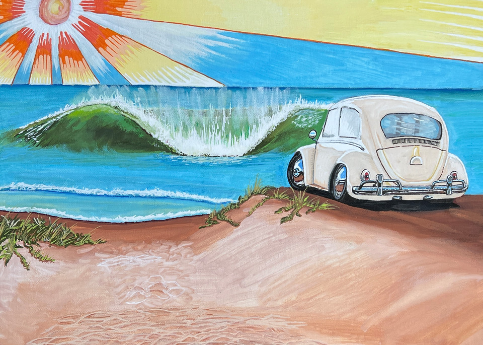 Surf Art Painting By John Lasonio Of A VW Bug A The Beach. 