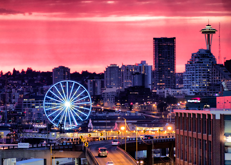 Sunset with clouds and light rain over downtown Seattle - The great wheel and space needle visible - fine art photo print