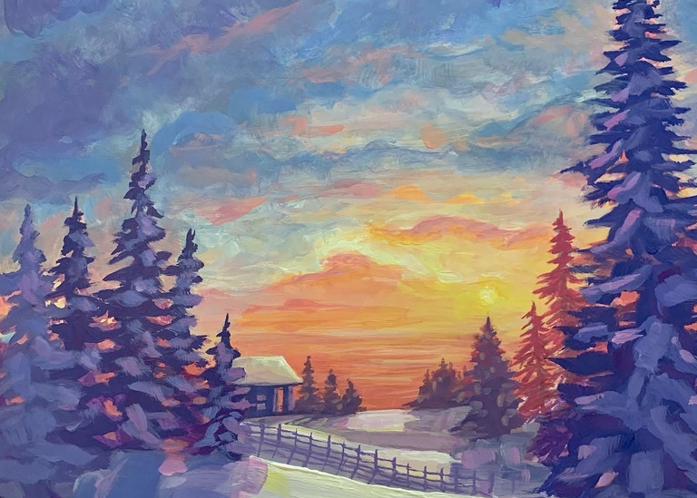 Winter Cabin Under An Apricot Sky Art | leahroseart