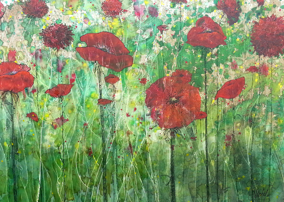 Horizontal Wild Poppy Flower Field in Grassy Greens Original Painting