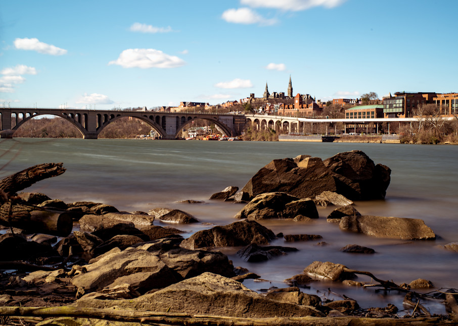 Georgetown and the Key Bridge are seen from Theodore Roosevelt Island in the Potomac River - Fine Art Photo Print