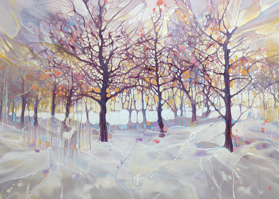 snowy landscape painting of a white hart and winter trees