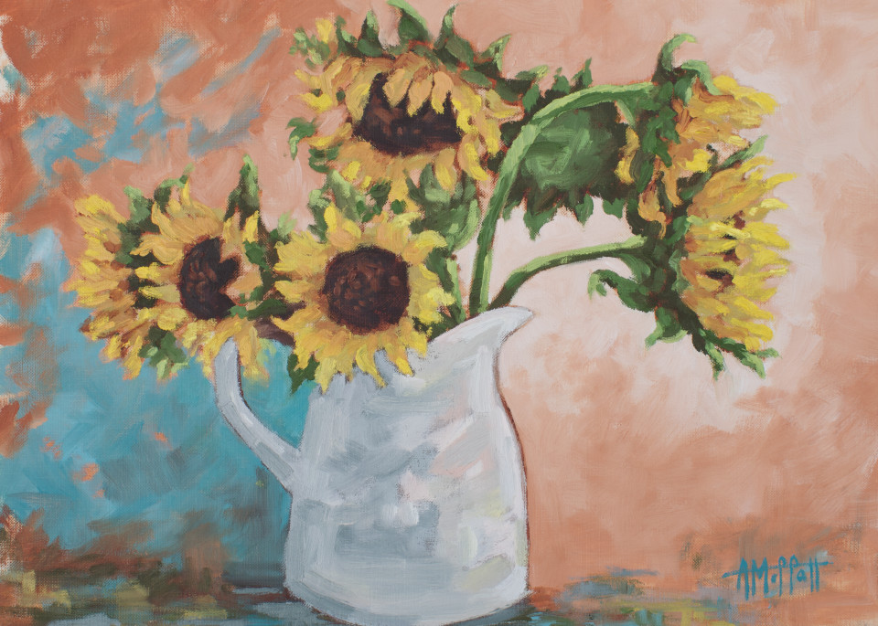 Giclee Art Print - Sunflowers in a Farmhouse Pitcher- by contemporary Impressionist April Moffatt