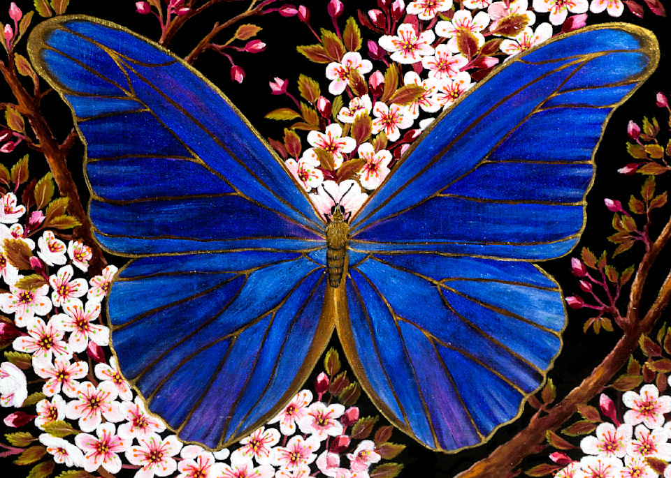  Blue Morpho Butterfly With Peach Blossoms Art | miaprattfineart.com