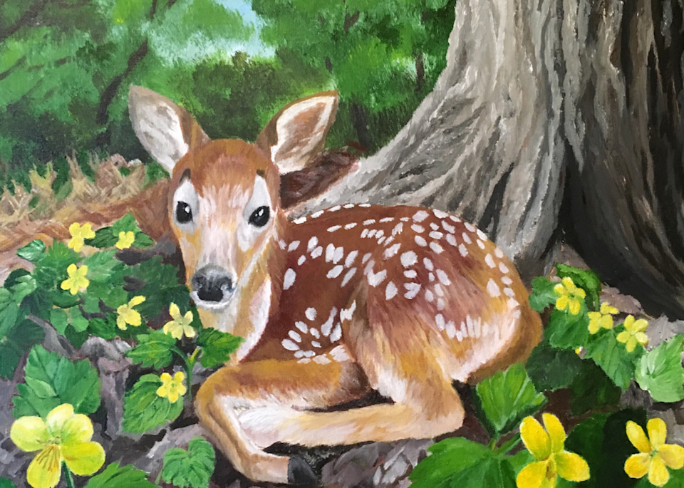 Fawn Surrounded By Yellow Violets Art | Judy's Art Co.