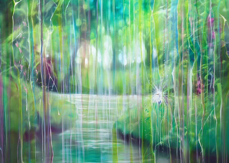 green abstract riverbank landscape with white egret