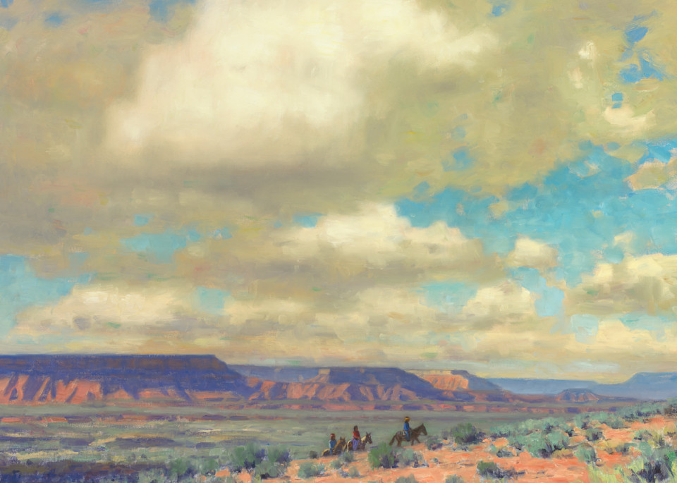 The Artist Enclave - Desert Skies print by artist Karl Thomas. Arizona skies with desert and Native American riders on horseback. Available for sale as a print on canvas, paper, wood, metal and more. 
