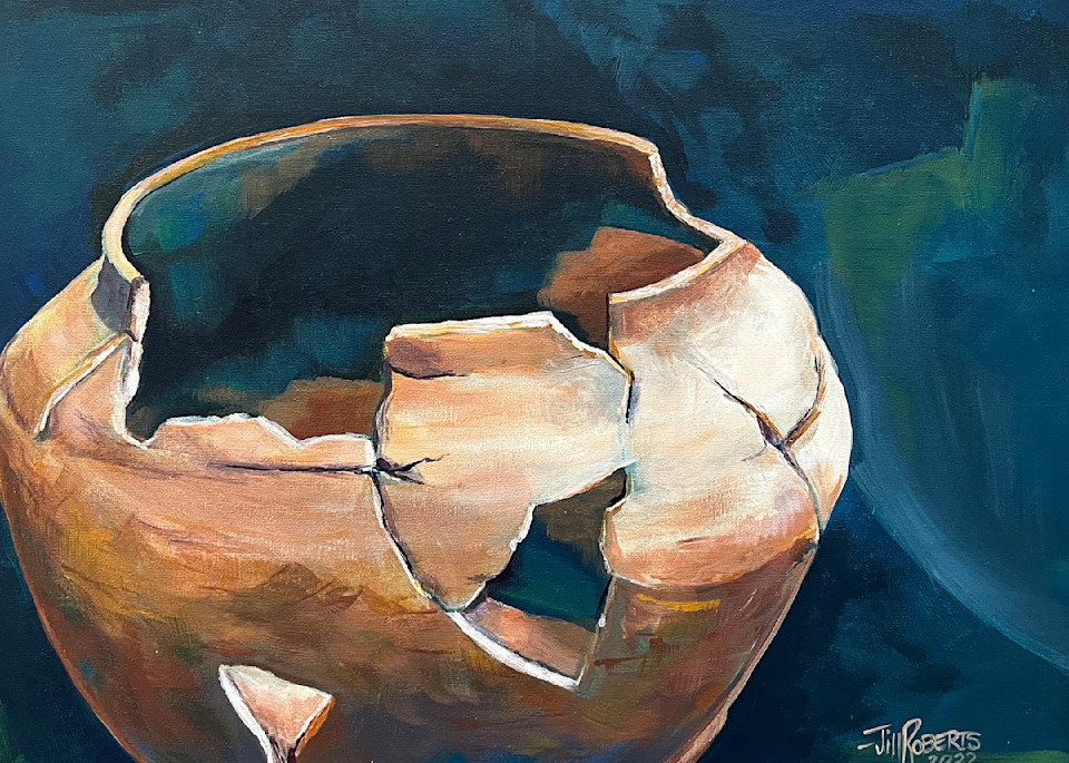 Painting of cracked pottery earthenware clay pot