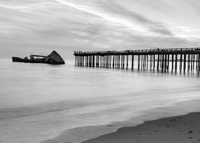 Medium format panoramic - pier and concrete ship, Seacliff beach, Aptos, California