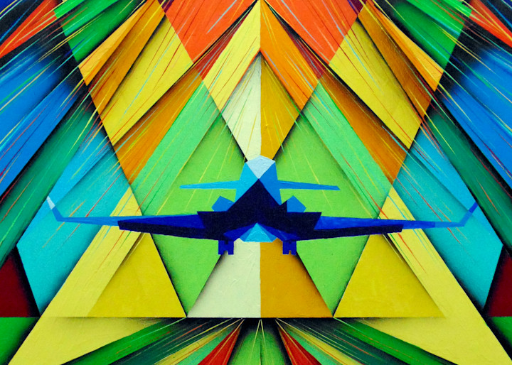 Painting of a colorful jet plane taking flight off the runway