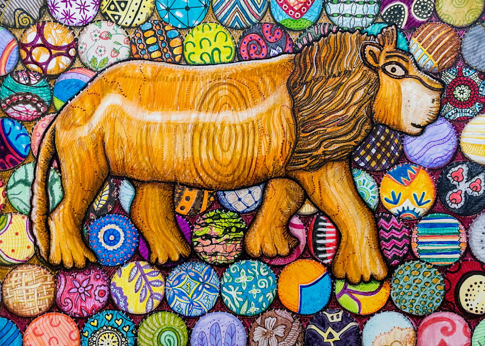 fearless lion wood carving with chitenje bottle caps Malawi