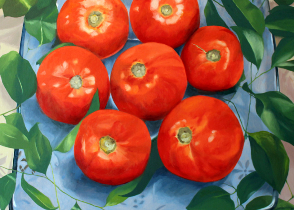 Tomatoes On A Blue Plate Art | Helen Vaughn Fine Art
