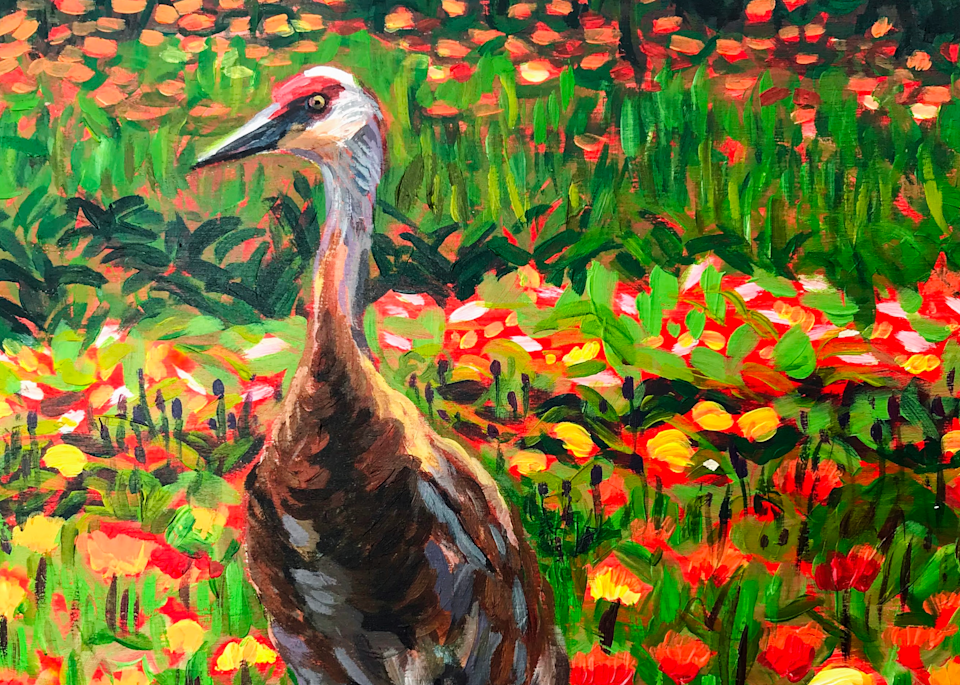 Red poppies and sandhill crane alaska art print, wildlife acrylic painting