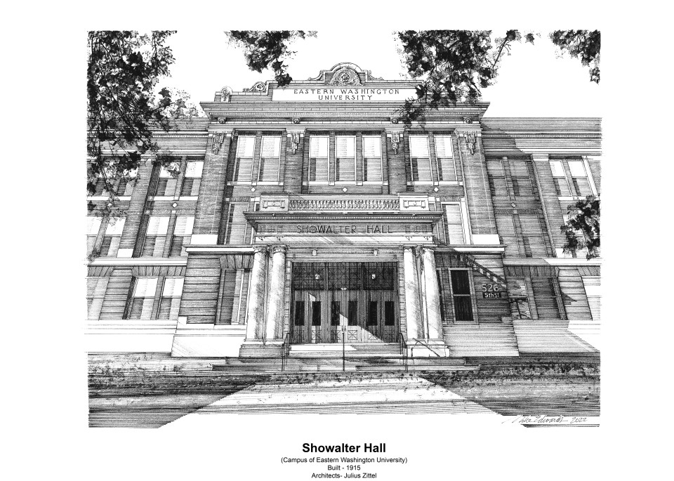 Showalter Hall On Campus Of Ewu With Footer Art | Pen and Ink Art, LLC