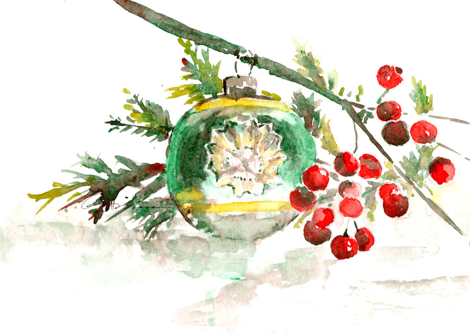 Green Christmas Bulb Art | Claudia Hafner Watercolor