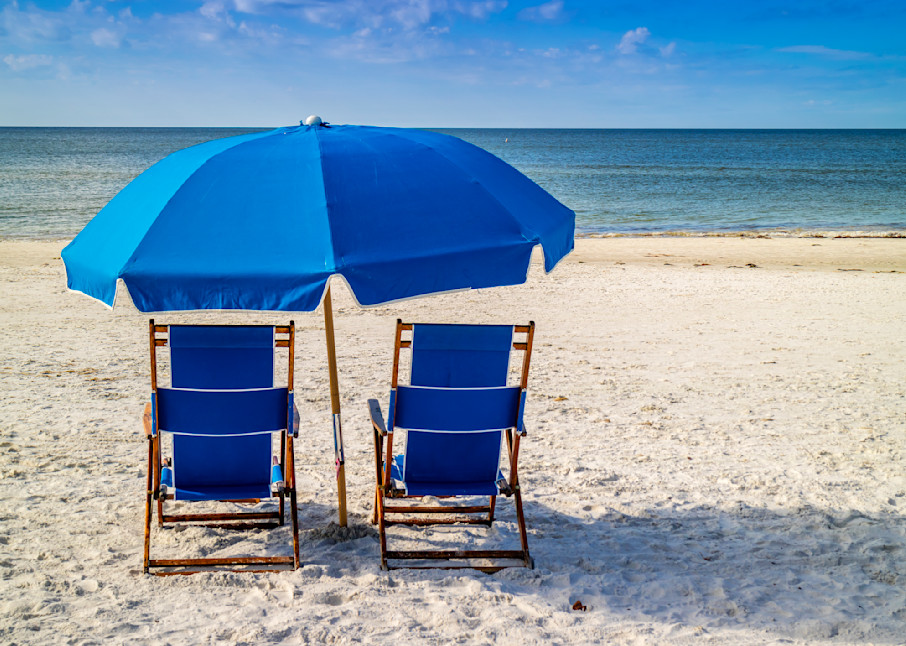 Fort Myers Beach Florida Blue Umbrella And Chairs Photography Art | Images By Cheri