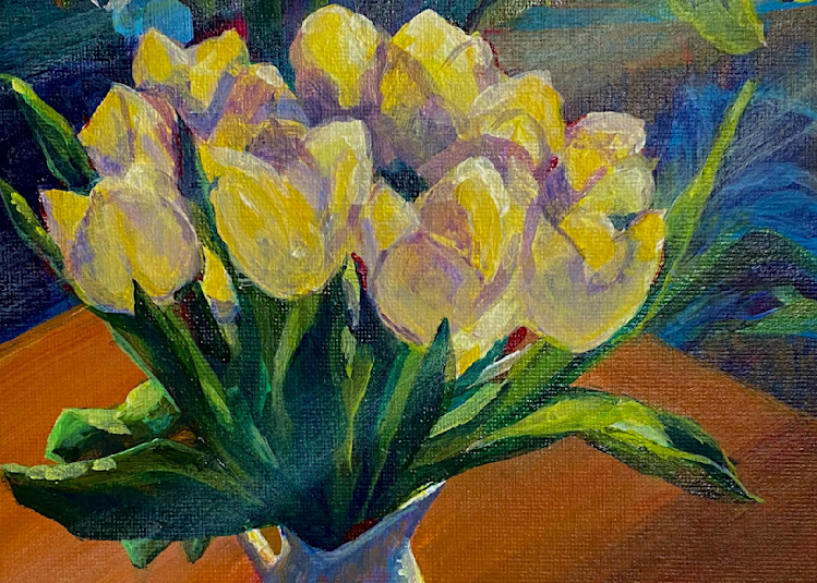 Flowers, yellow, tulips, spring, green, painting.