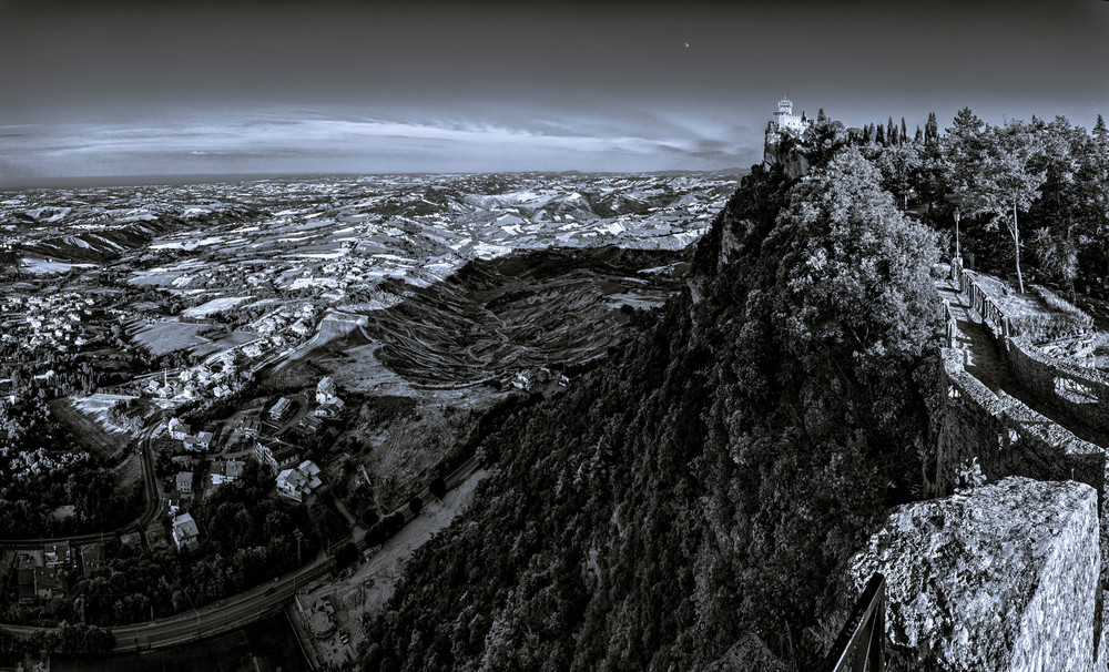 Tower and Valley - San Marino - Italy B&W