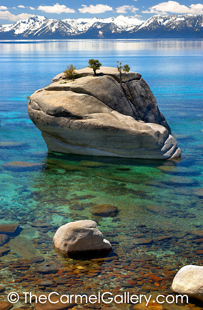 Classic photo of Bonsai Rock no the east shore of Lake Tahoe