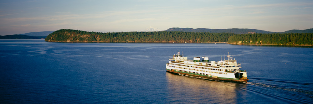 Aerial fine art view of a ferry boat in the San Juan Islands by Greg Probst