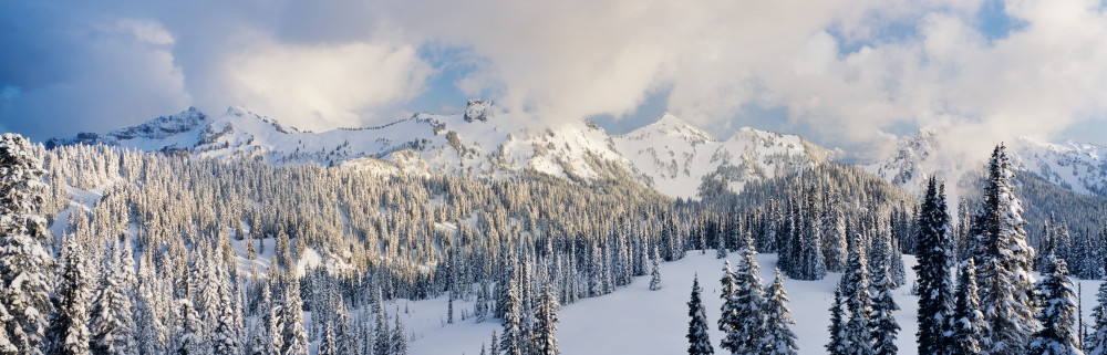 Fine art print of a winter storm and snow over the Tatoosh Mountains of Mt. Rainier National Park by Greg Probst