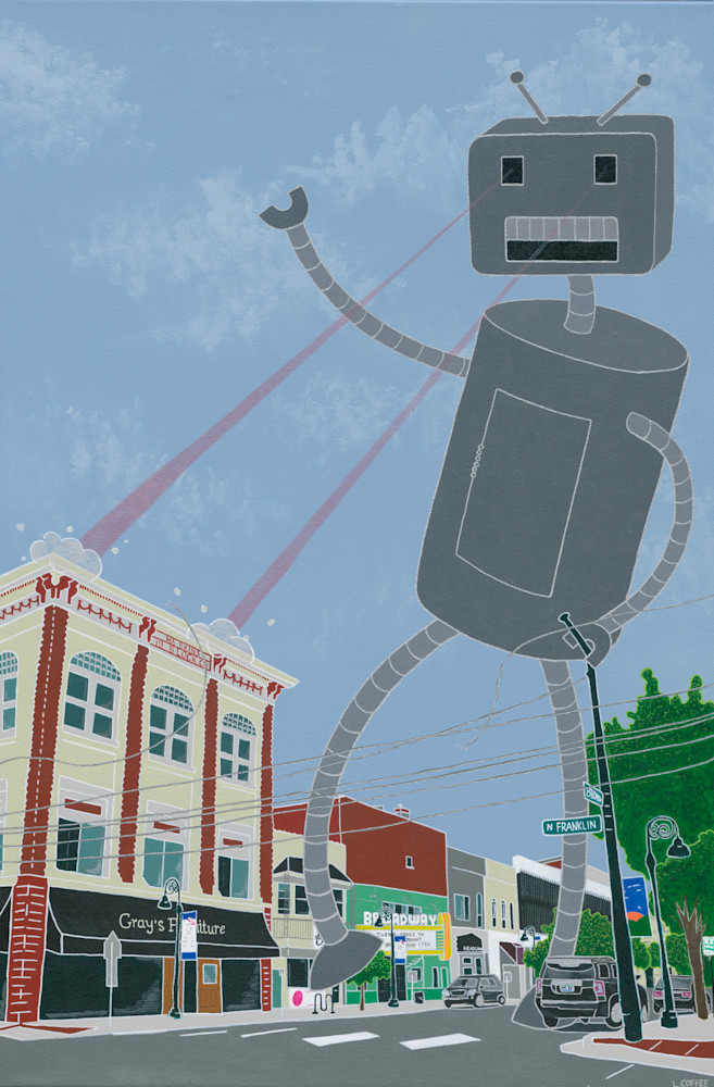 A giant robot destroys downtown.
