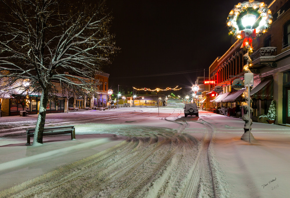 Night photo of Buffalo, Wyoming, downtown after Christmas snow