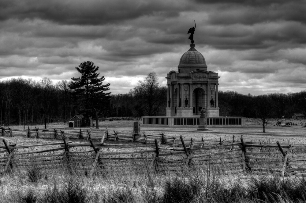 A Black and White Fine Art Photograph of a Cloudy National Monument of Gettysburg by Michael Pucciarelli
