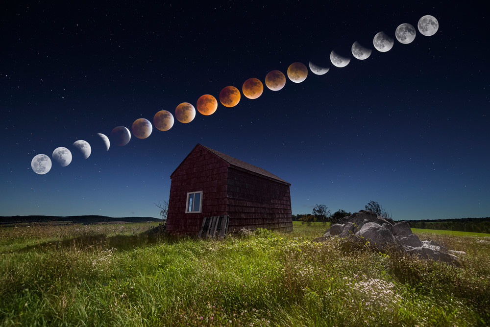 Super Blood Moon Eclipse Sequence, the progression of the event over an old red shack in Maine