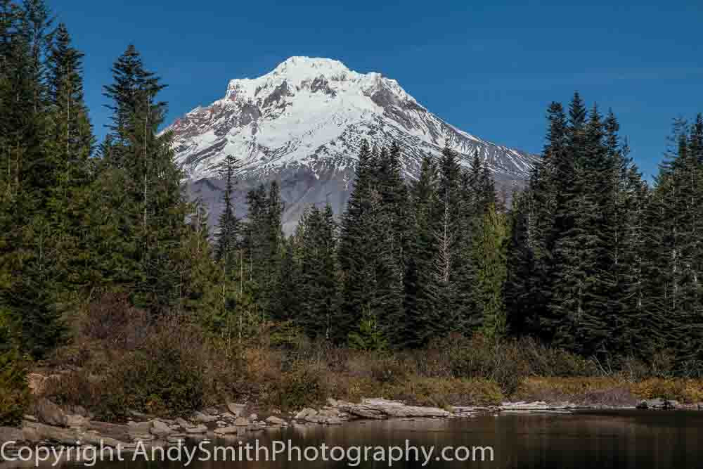 fine art photograph of Mt Hood from Mirror Lake with sjoreline