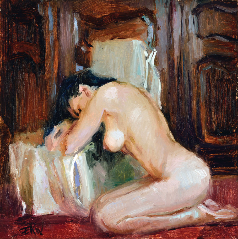 Kneeling - Miniature nude oil painting
