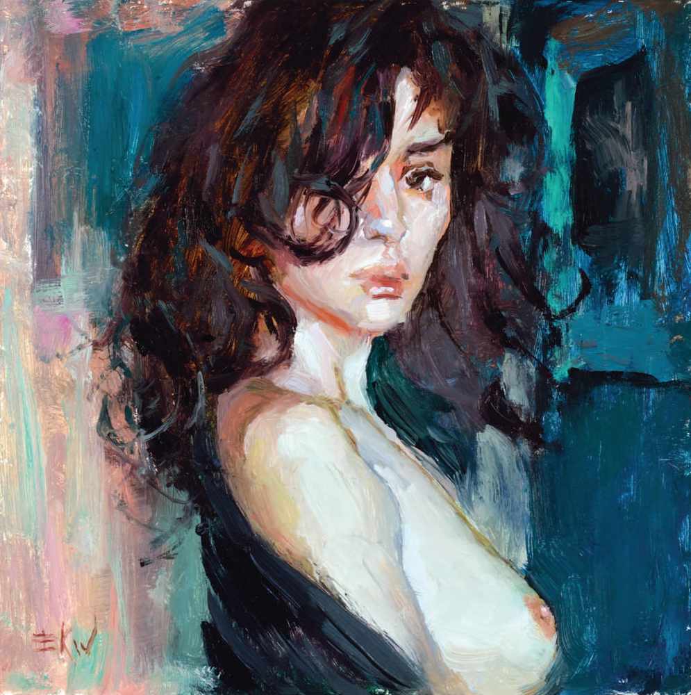 Miniature nude oil painting of a woman in the morning by Eric Wallis