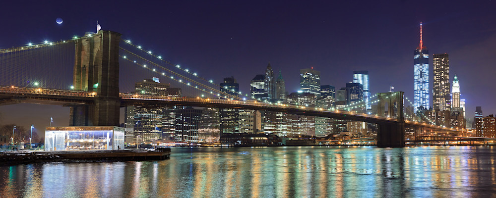 "Brooklyn Bridge at Night" Panoramic fine art NYC skyline photograph