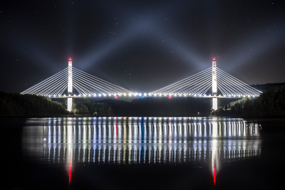 Bucksport Maine Bridge at Night, bridge lights reflecting in river and sky