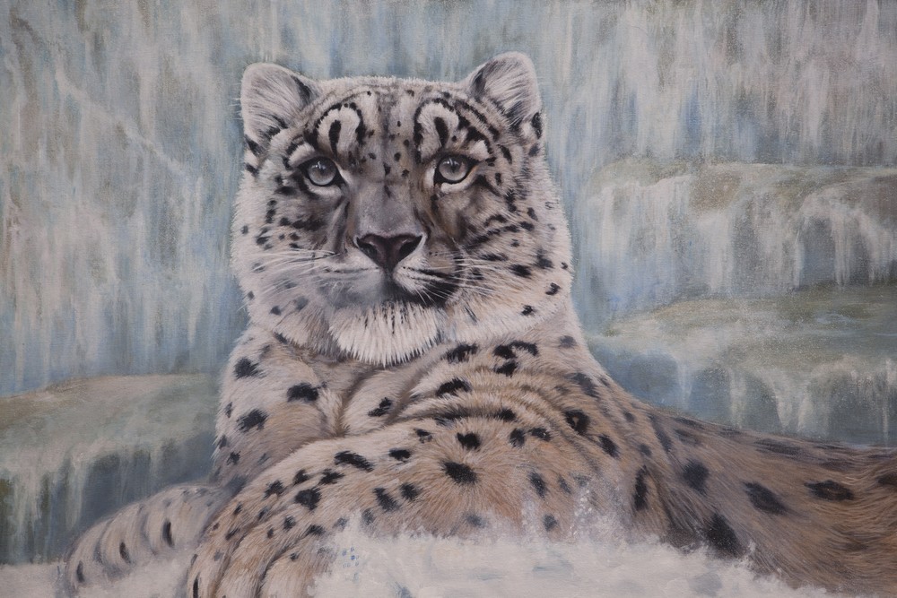 Art and Paintings of  Snow Leopard waiting in the snow