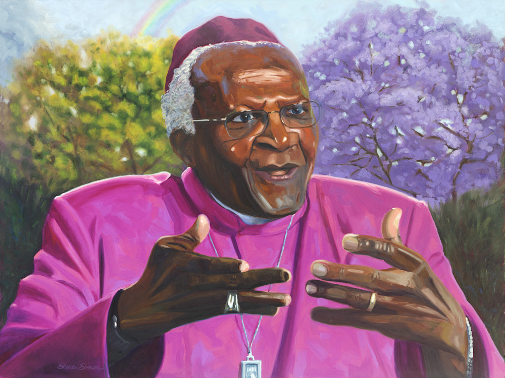 Oil painting portrait of Desmond Tutu by Steve Simon