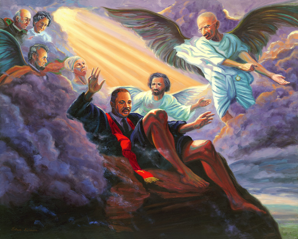 Allegorical oil painting of Martin Luther King Jr. looking over the Promised Land by Steve Simon