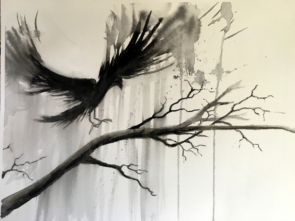 Crow Landing watercolor painting