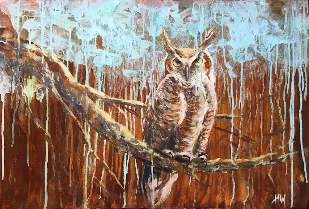 Owl on branch painting, great horned owl, owl art, abstract
