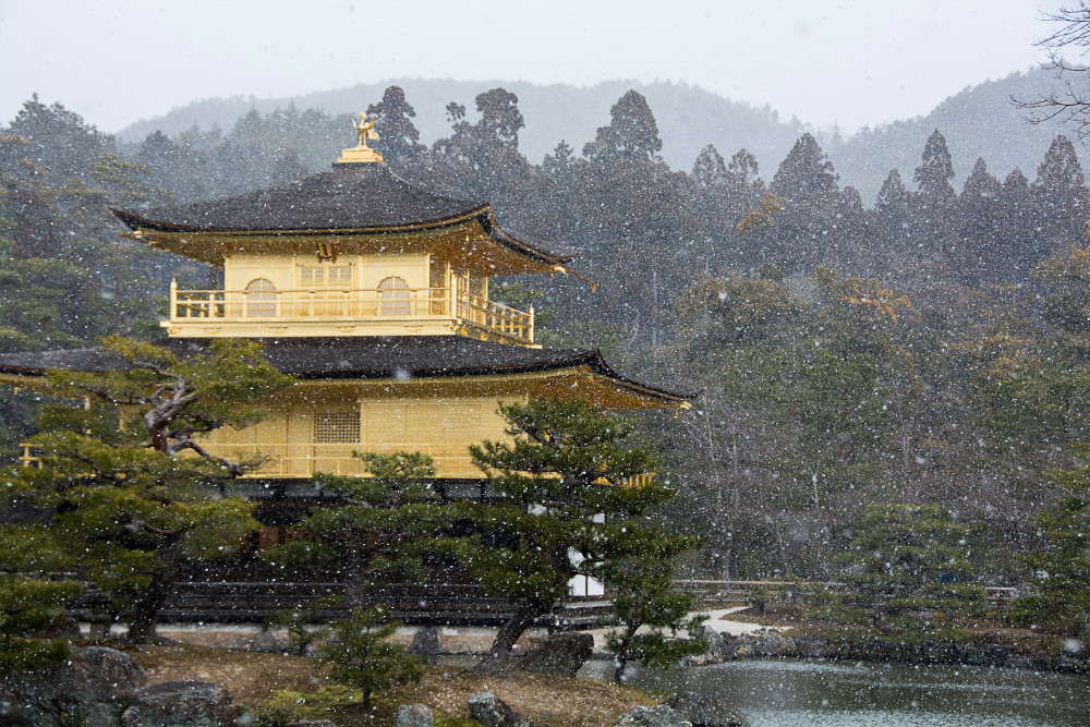 Kinkaku-ji  temple during snow storm, fine art photograph