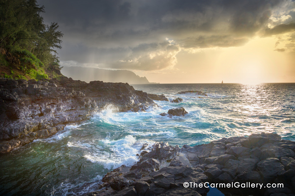 Ocean waves, emerald waters, sailing on the north shore Kauai,  Bali Hai in the distance