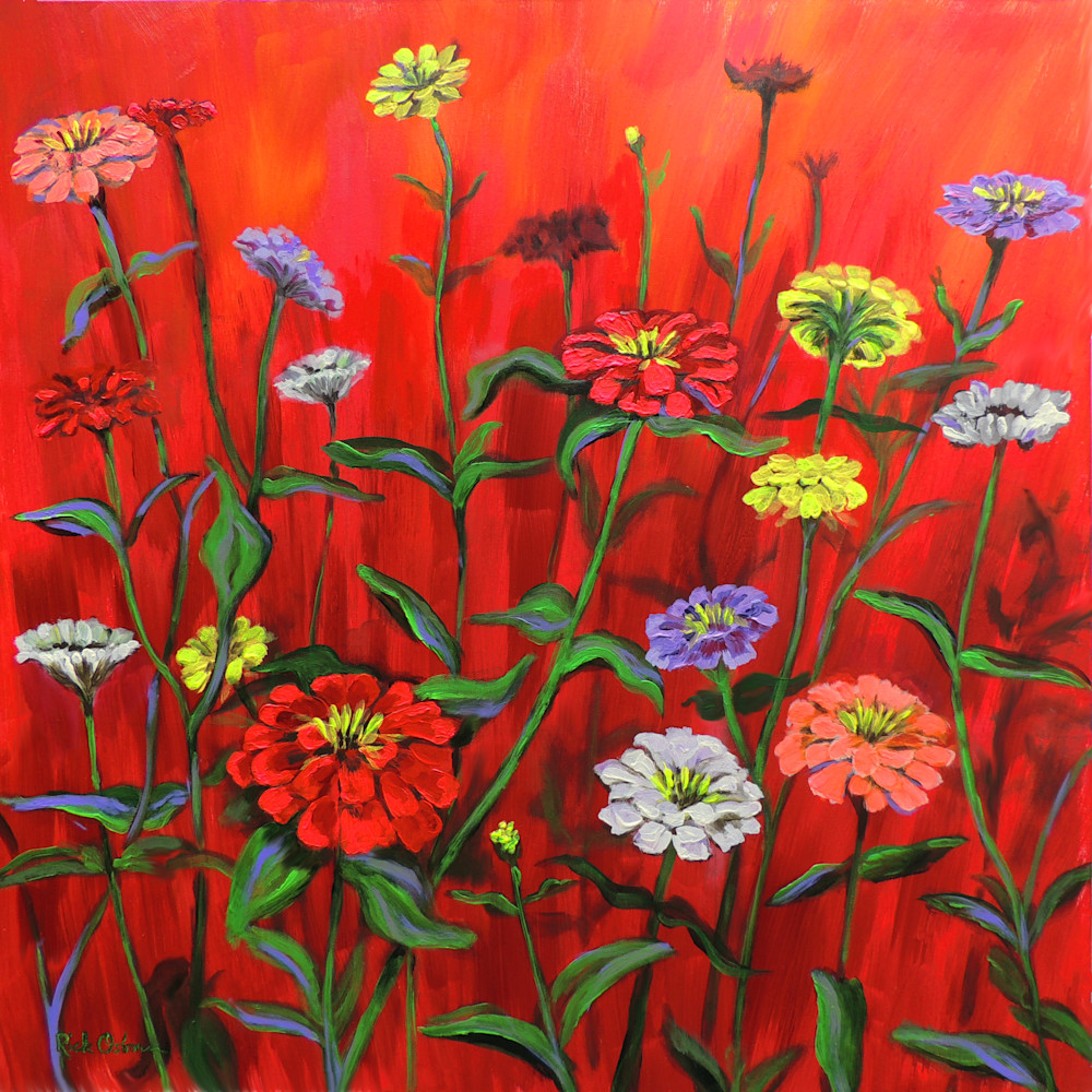 Original Print of IREDescent Zinnias on a Red Background