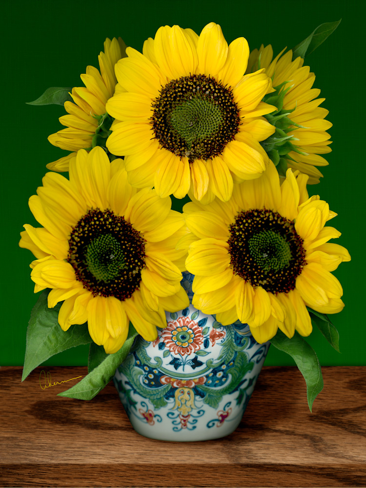 Sunflowers in a Makkum Pot, a still life. Homage to van Gogh, wall art. A print of an original painting by the artist, Mary Ahern.