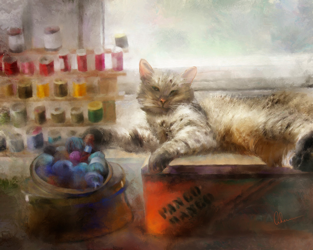 Marco the cat laying in the sunshine of the Craft Room, wall art. A print of an original painting by the artist, Mary Ahern.