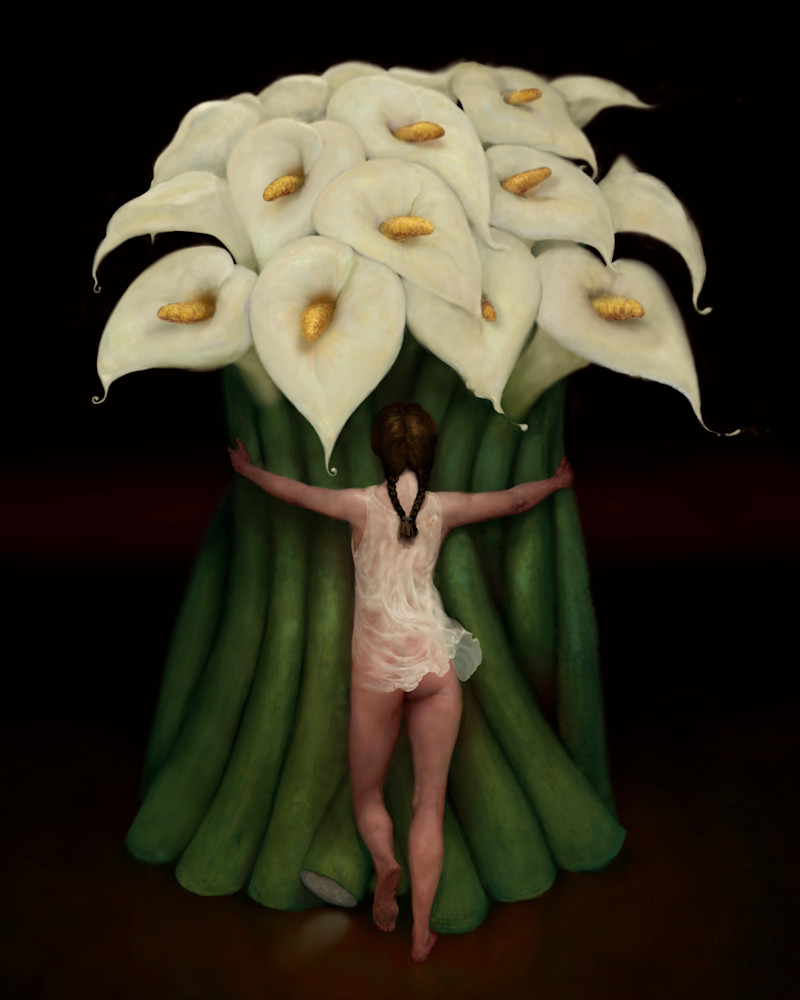 “LILY,” by Burton Gray; Mexican lady hugging calla lilies.