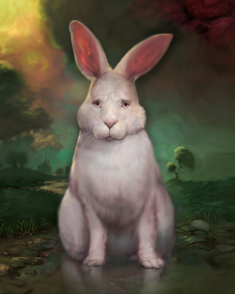 Burton Gray’s “BUGSY,” White rabbit stares out at you.
