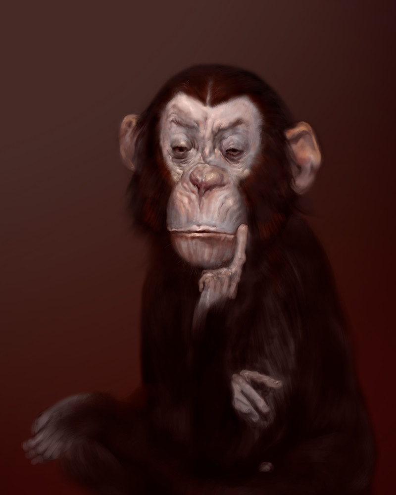 Burton Gray’s “ALLENE,” painting of a thinking monkey.